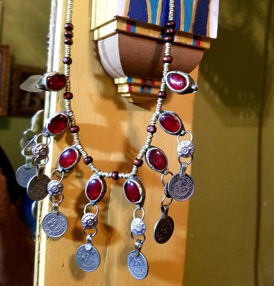 Red glass coin Afghan tribal necklace